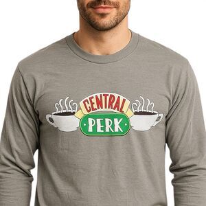 Friends Central Perk Long Sleeve Shirt Mens M Grey Graphic TV Show Gift Coffee